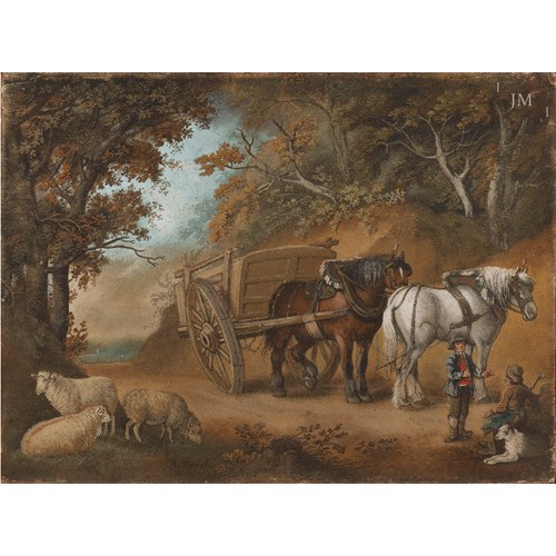 Carters at rest on a wooded track, in the style of George Morland
